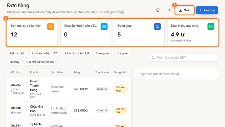Quản lý đơn hàng Trợ lý AI chốt trong chat