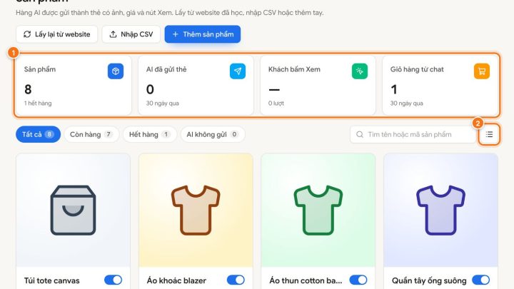 Thêm sản phẩm để Trợ lý AI gửi thẻ sản phẩm trong chat