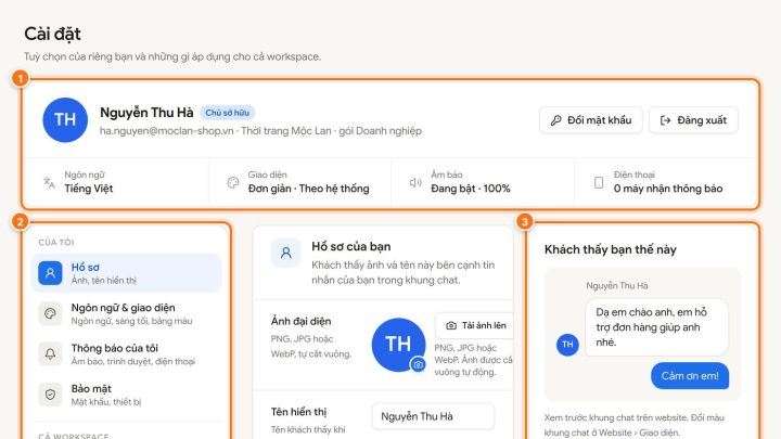 Cài đặt tài khoản, giao diện và thông báo