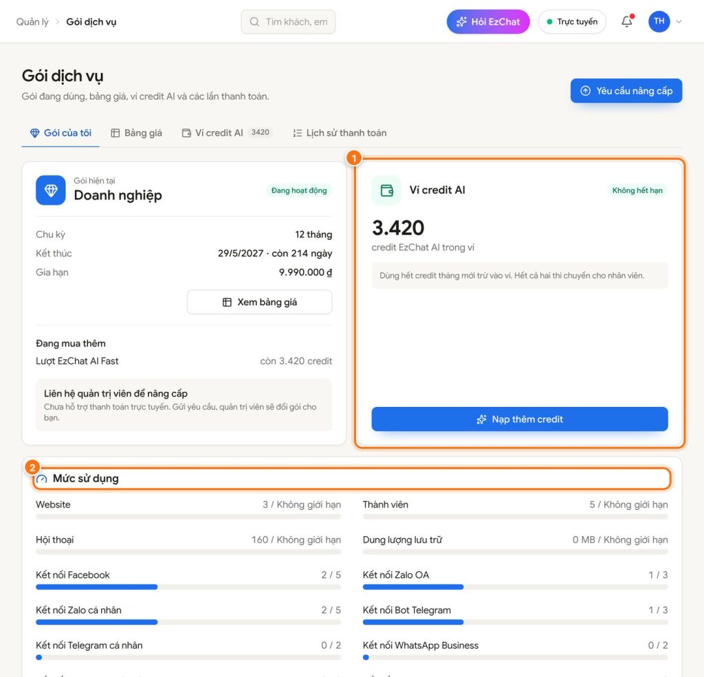 Xem gói dịch vụ, ví credit AI và lịch sử thanh toán