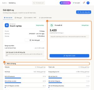Xem gói dịch vụ, ví credit AI và lịch sử thanh toán
