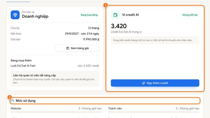Xem gói dịch vụ, ví credit AI và lịch sử thanh toán