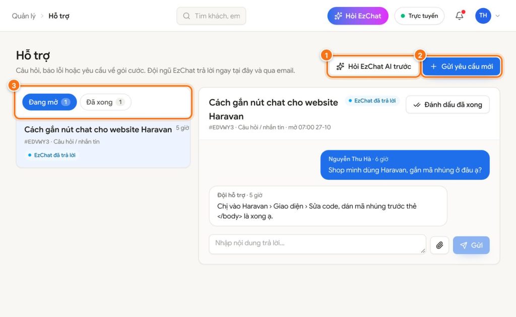 Gửi yêu cầu hỗ trợ cho đội EzChat