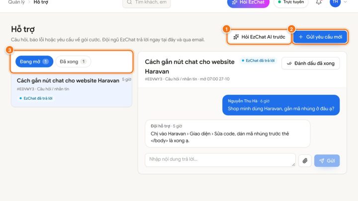 Gửi yêu cầu hỗ trợ cho đội EzChat