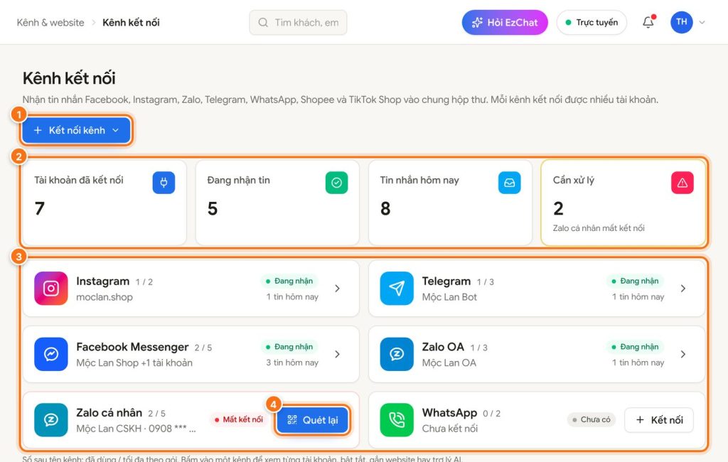 Hướng dẫn kết nối kênh Zalo, Facebook, Telegram vào EzChat AI