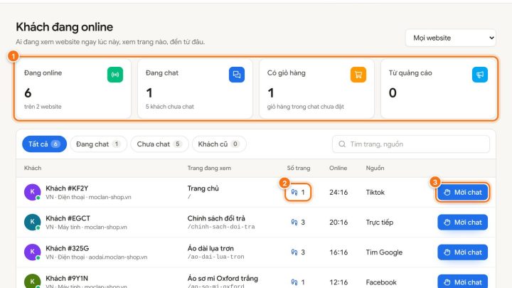 Xem khách đang online trên website và mời chat