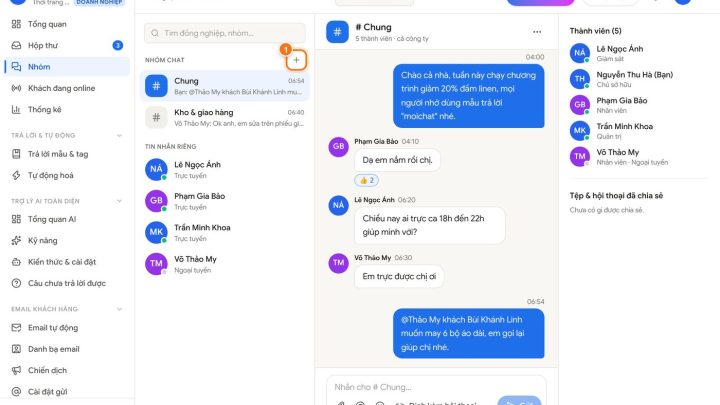 Chat nội bộ với đồng nghiệp trong mục Nhóm