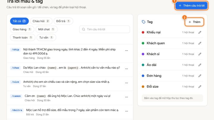 Tạo câu trả lời mẫu và tag để trả lời khách nhanh hơn