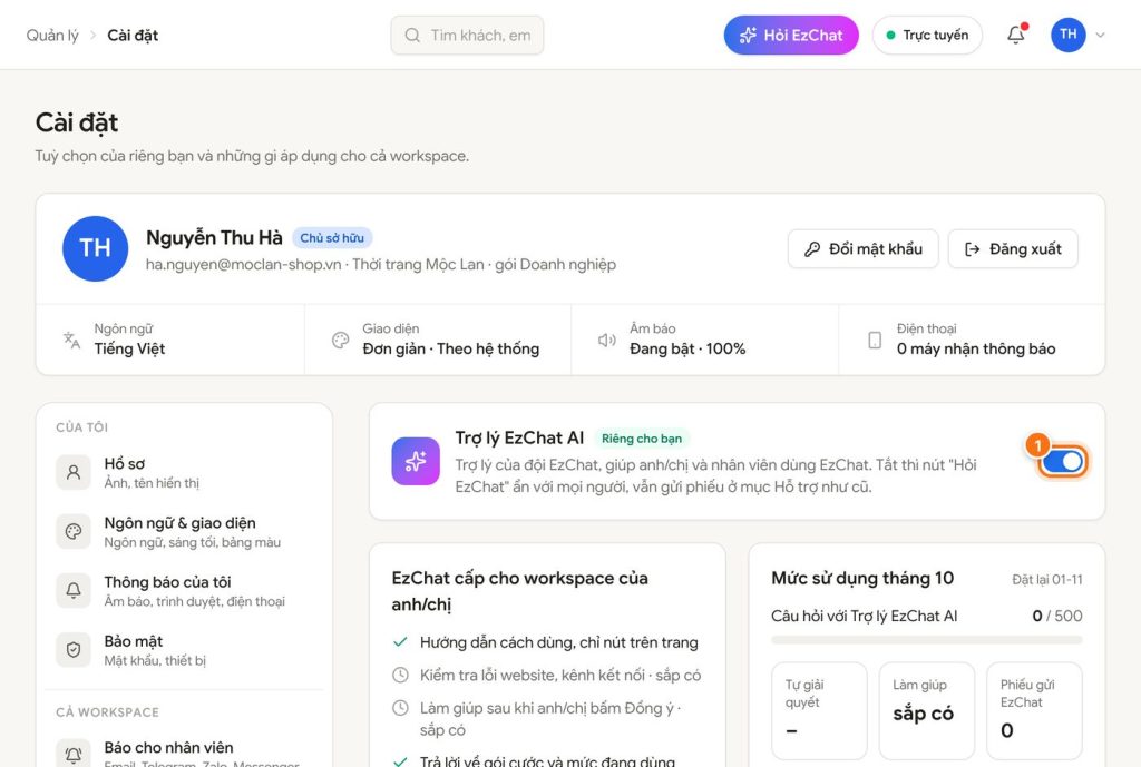 Hỏi Trợ lý EzChat AI ngay trong ứng dụng