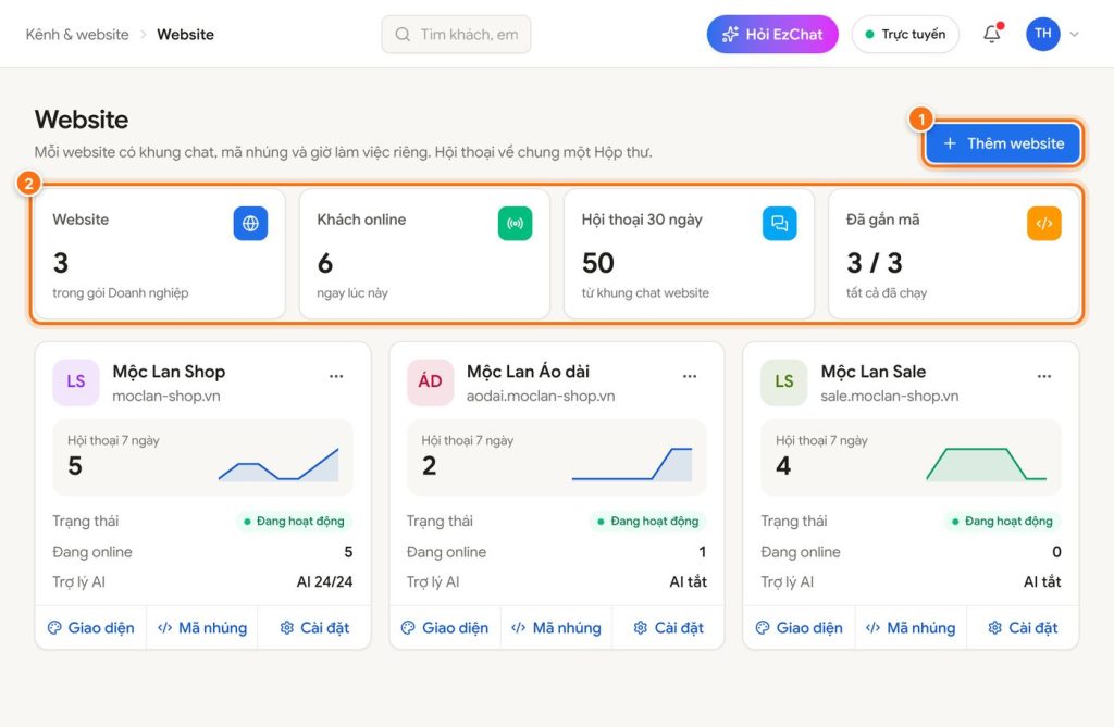 Thêm website và gắn khung chat EzChat AI